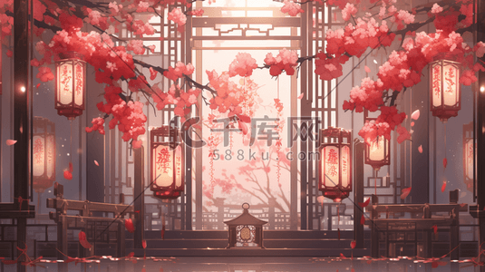 红色中国风门窗风景造型插画1