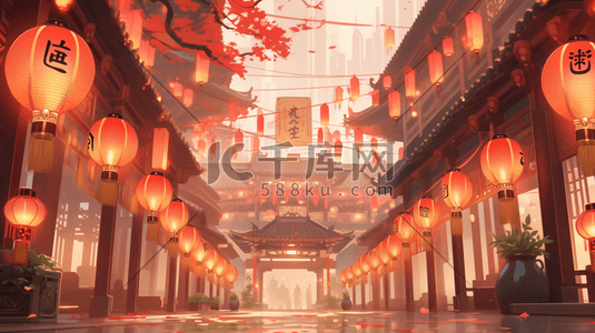 红色中国风门窗风景造型插画18