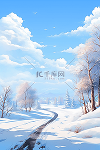 晴朗天空插画图片_雪景晴朗天空手绘插画冬天海报