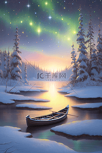 冬天唯美极光雪景插画海报