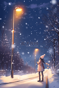 手绘插画冬天路灯下女孩赏雪