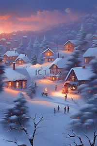 冬天夜晚的房子插画图片_雪景冬天夜晚小镇插画海报