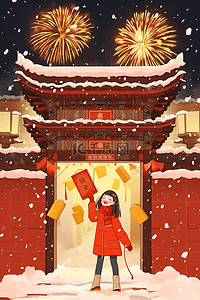 新年冬天烟花插画女孩手绘海报