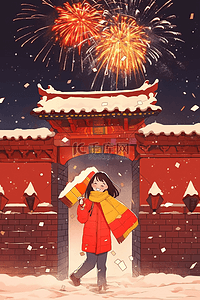 黄色烟花插画图片_冬天烟花新年女孩手绘插画海报