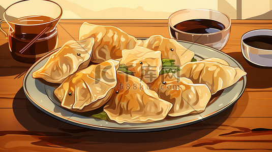 桌子上的一盘饺子插图