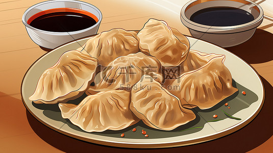 桌子上的一盘饺子原创插画