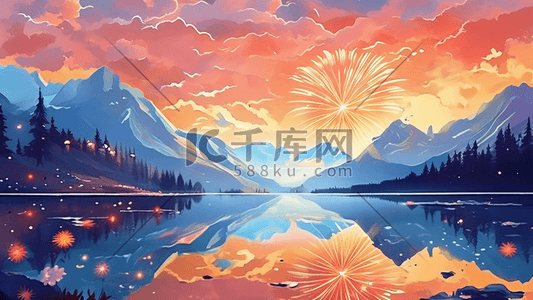 湖面倒影新年焰火梅花树风景插画图片