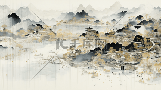 黑金中国风山水风景传统建筑插画1