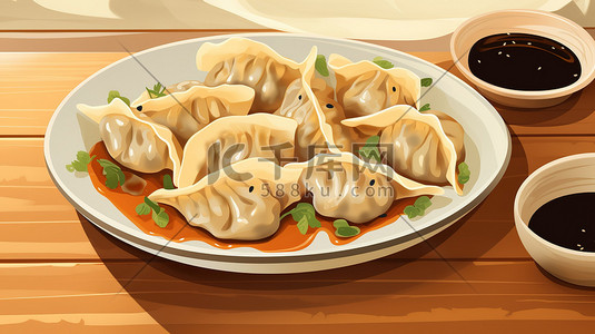 桌子盘插画图片_桌子上的一盘饺子插画海报