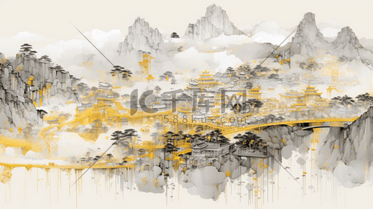 黑金中国风山水风景传统建筑插画7