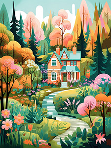 粉色的鲜艳花朵插画图片_春天色彩鲜艳的村庄插画图片