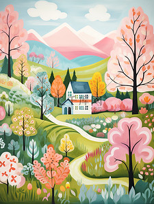 粉色的鲜艳花朵插画图片_春天色彩鲜艳的村庄插画