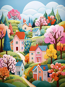 春天色彩鲜艳的村庄插画图片
