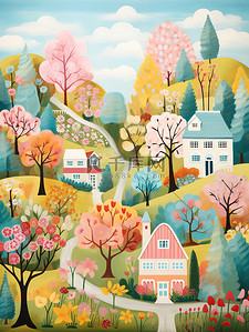 粉色的鲜艳花朵插画图片_春天色彩鲜艳的村庄插画素材
