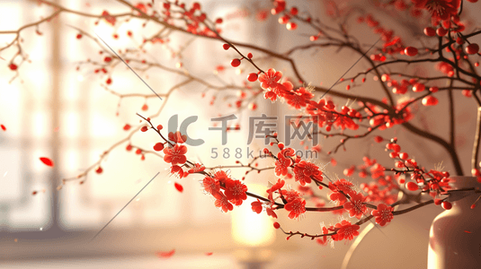 清风插画图片_中国国风国画红色梅花的插画2