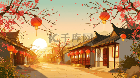 中国古代古建筑街道插画2