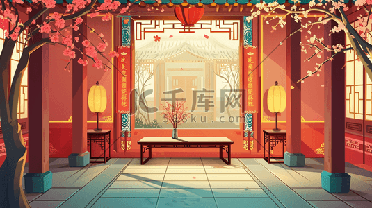 清风插画图片_中国国风国画红色梅花的插画17