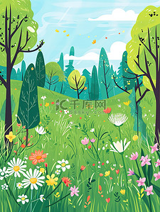 春天小花盛开的公园插画图片