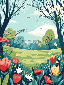 春天小花插画图片_春天小花盛开的公园插图