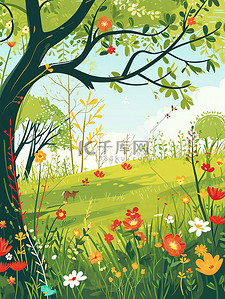 春天小花插画图片_春天小花盛开的公园图片