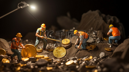 硬币翻转插画图片_微型金币矿挖掘硬币插图