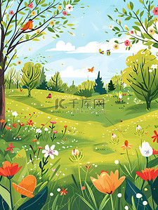 春天小花盛开的公园插画素材