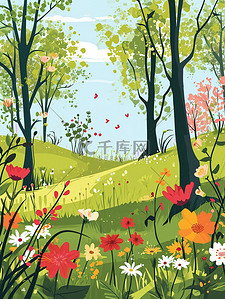 春天小花盛开的公园插画海报