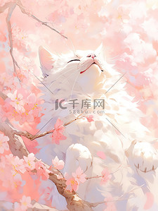 粉红色花朵白色的猫原创插画