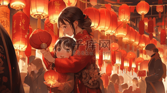 卡通母女插画图片_红色中国国风元宵节赏花灯卡通母女插画2