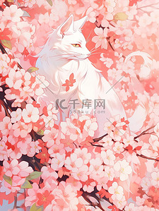 粉红色花朵白色的猫插画设计