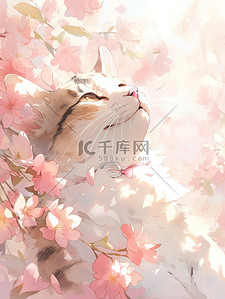 粉红色白色插画图片_粉红色花朵白色的猫插图