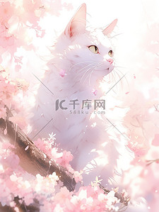 粉红色花朵白色的猫插画图片