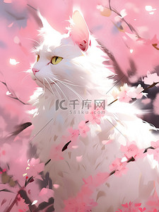 粉红色白色插画图片_粉红色花朵白色的猫插画素材