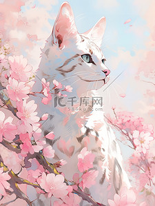 粉红色花朵白色的猫矢量插画