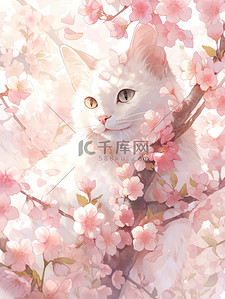 粉红色花朵白色的猫插画素材