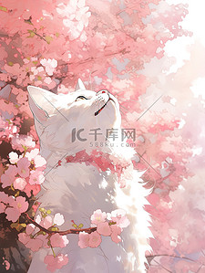 粉红色白色插画图片_粉红色花朵白色的猫矢量插画