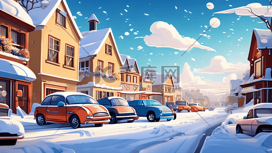 城市街道卡通插画图片_可爱卡通冬天城市汽车街道下雪插画