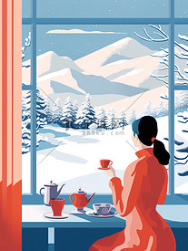 冬日女人在窗户边喝咖啡图片