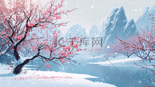 中国手绘国风粉色梅花雪景插画13