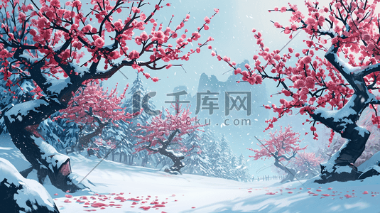 中国手绘国风粉色梅花雪景插画15