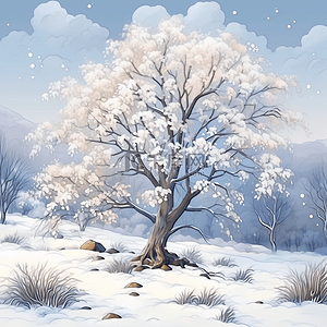 风景冬天树挂唯美手绘插画