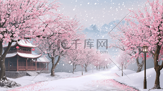 中国手绘国风粉色梅花雪景插画11