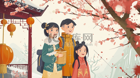 中国风手绘古色古风卡通美女街道插画12