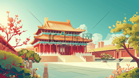 中国风手绘彩色古典建筑宫廷风插画22