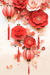 新年剪纸数字插画图片_春节新年剪纸红花灯笼立体插画