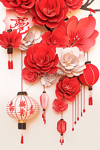 新年春节红花剪纸灯笼立体插画