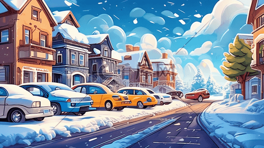 城市街道卡通插画图片_可爱卡通冬天城市汽车街道下雪插画
