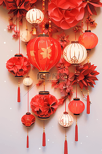 新年春节立体剪纸红花灯笼插画