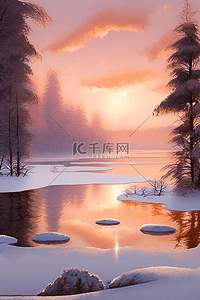 雪景湖插画图片_手绘插画冬天唯美雪景晚霞