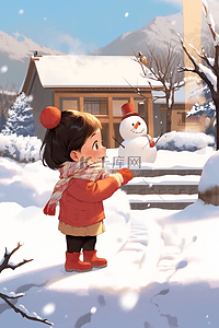 卡通简笔画插画图片_插画冬天可爱孩子堆雪人手绘